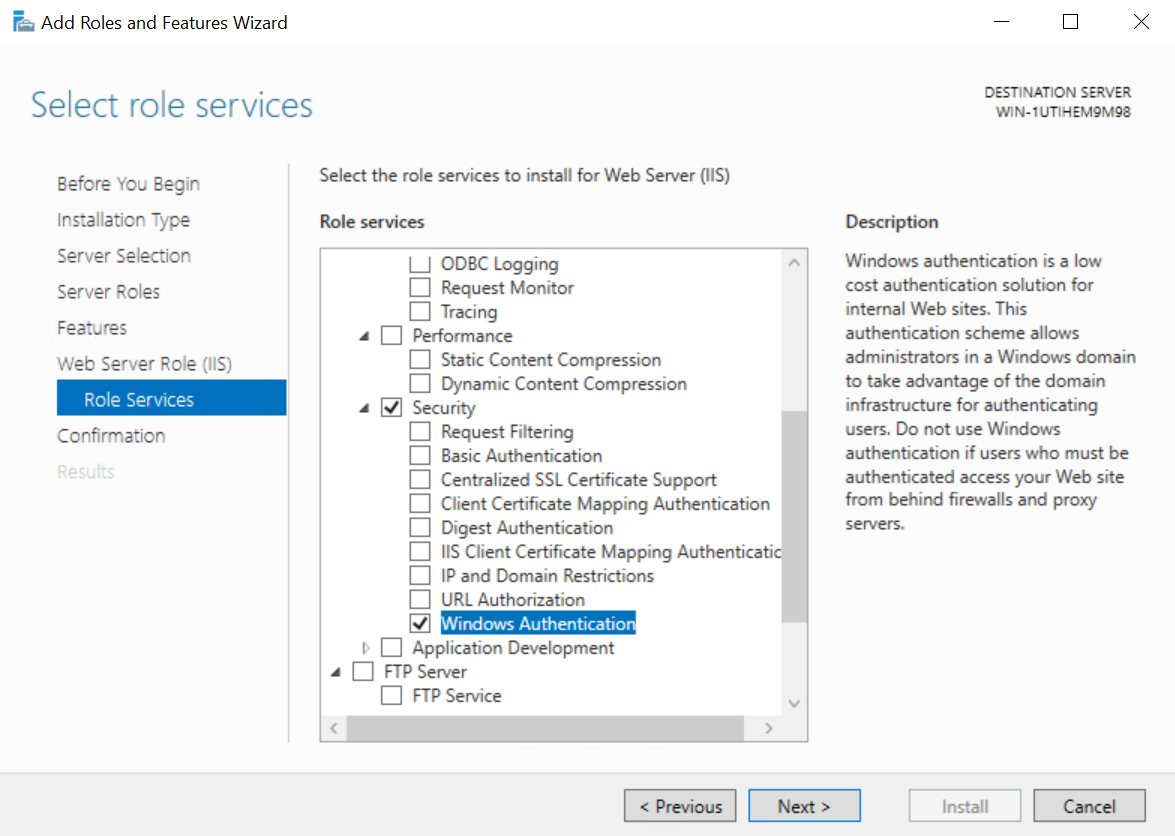 The server role list confirming that the Windows Authentication check box is checked