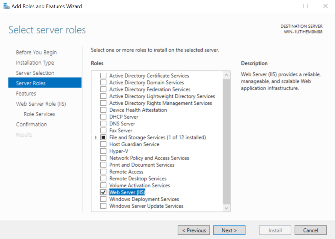 The 'Select server role' screen where Windows Authentication is selected