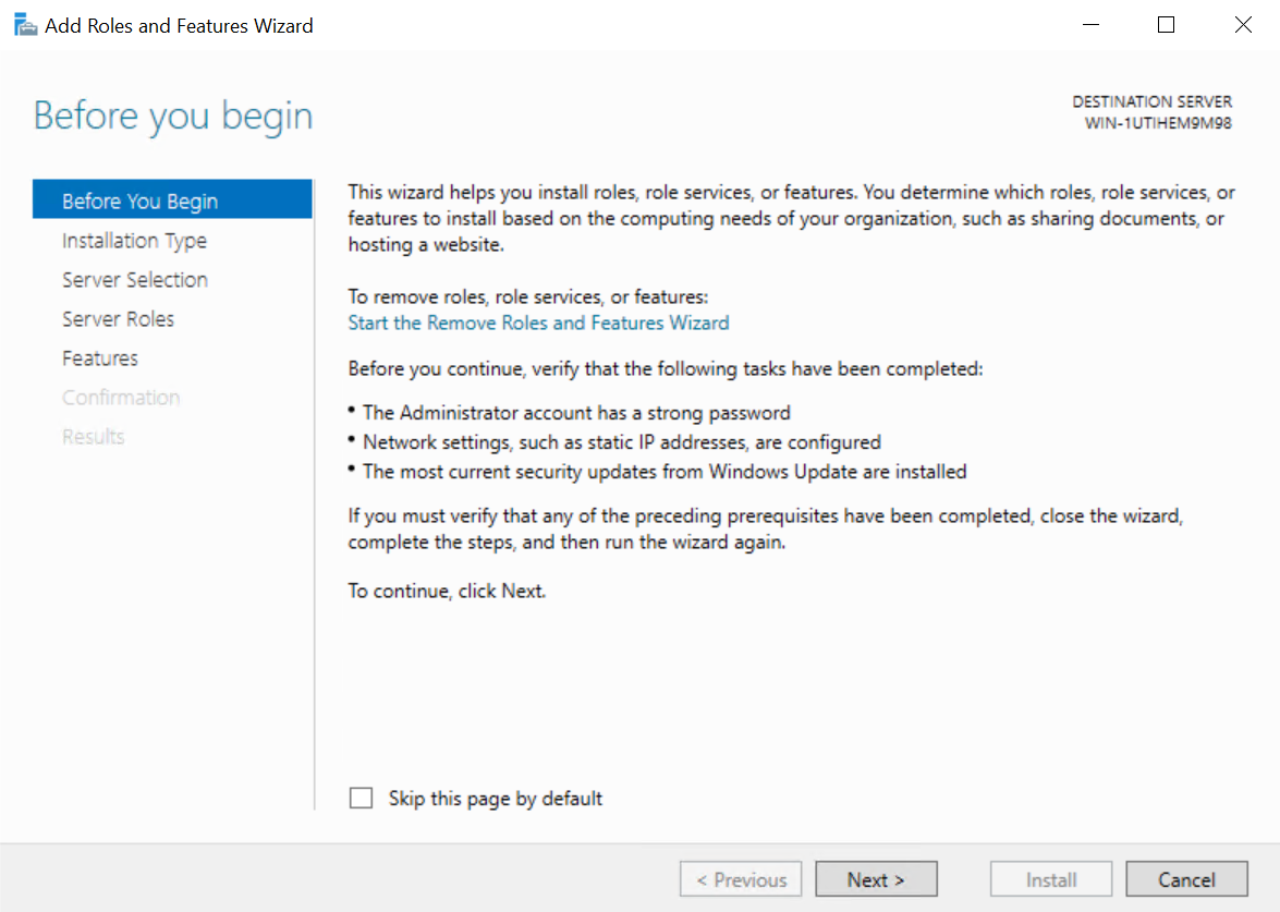 The Add Roles and Features wizard on the 'Before you begin' screen