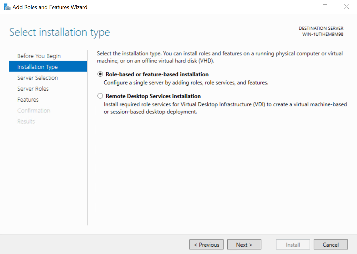 The Add Roles and Features wizard on the 'Select installation type' screen