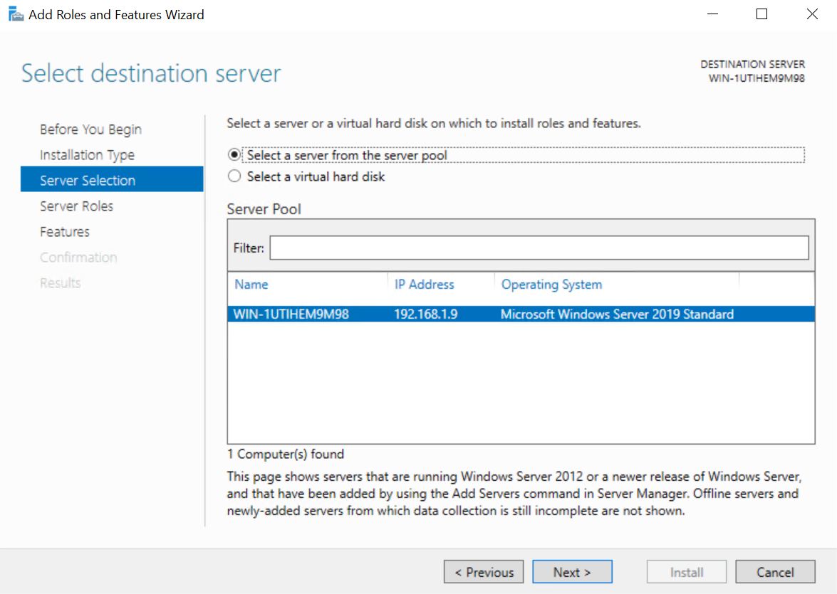 The Add Roles and Features wizard on the 'Select server' screen