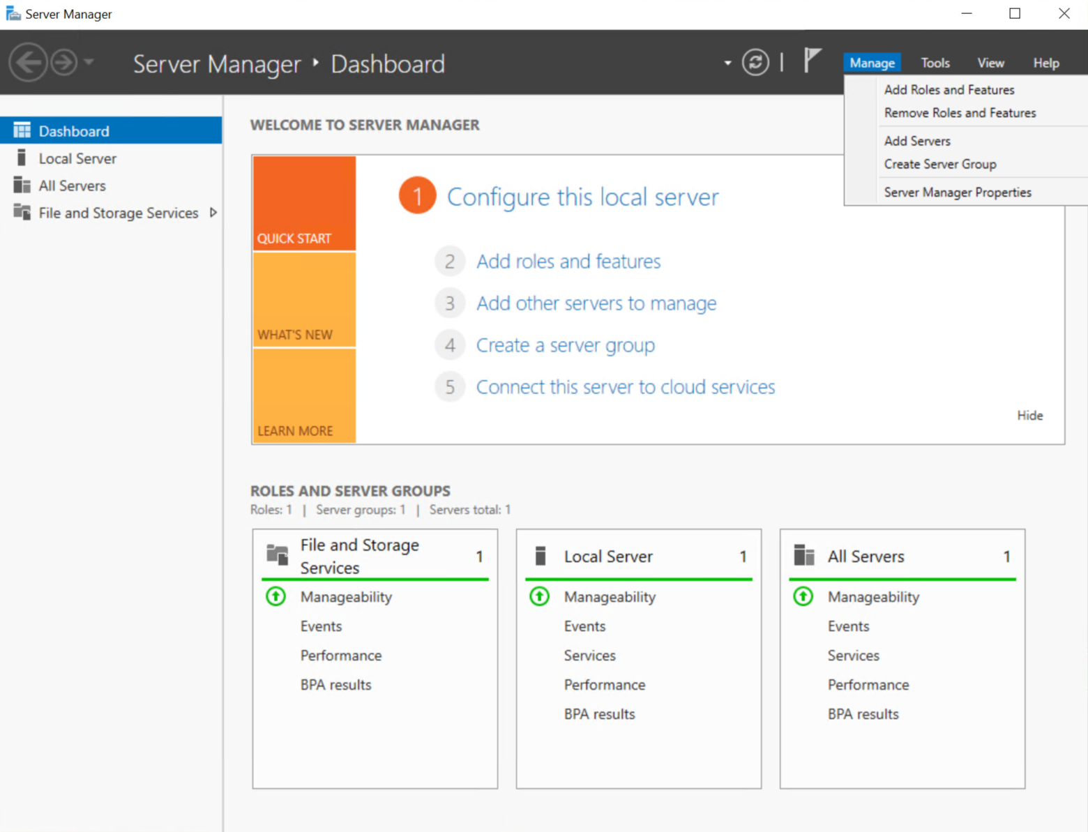 Server Manager with the Management (M) menu open on 'Add roles and functions'