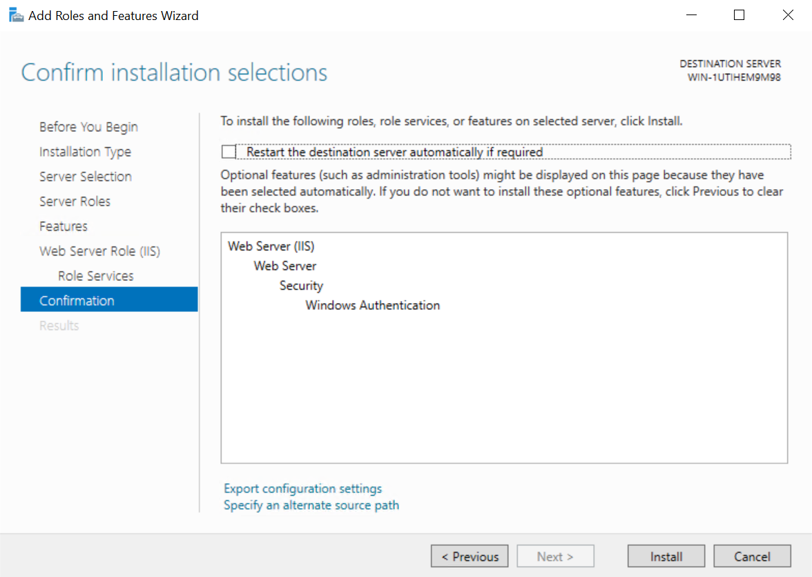 The Add Roles and Features wizard on the 'Confirm Installation Options' screen