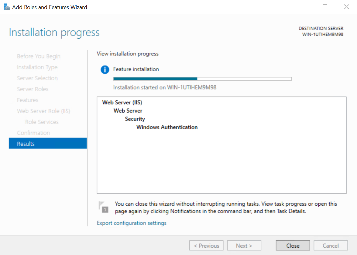 The wizard while Windows Authentication is being installed