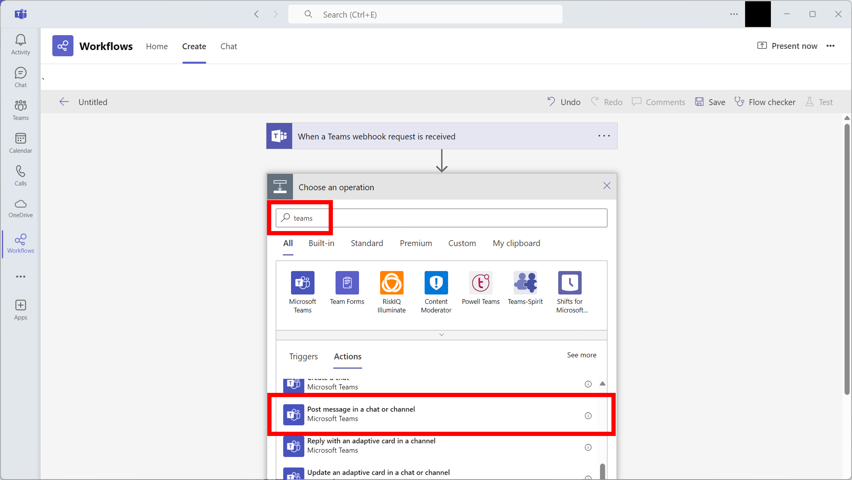 Action search results with 'Post message in a chat or channel'