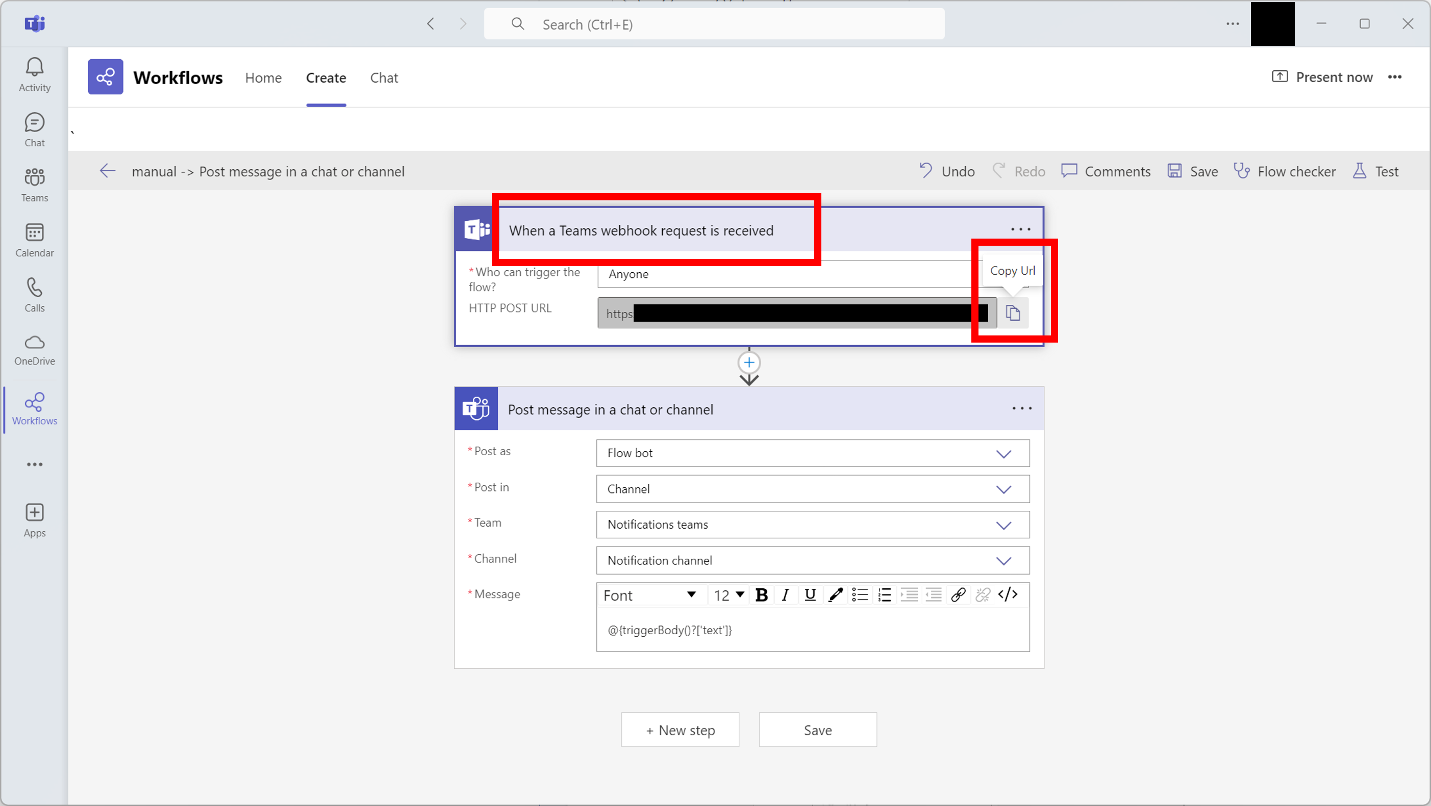The trigger screen with the Copy URL button for the HTTP POST URL