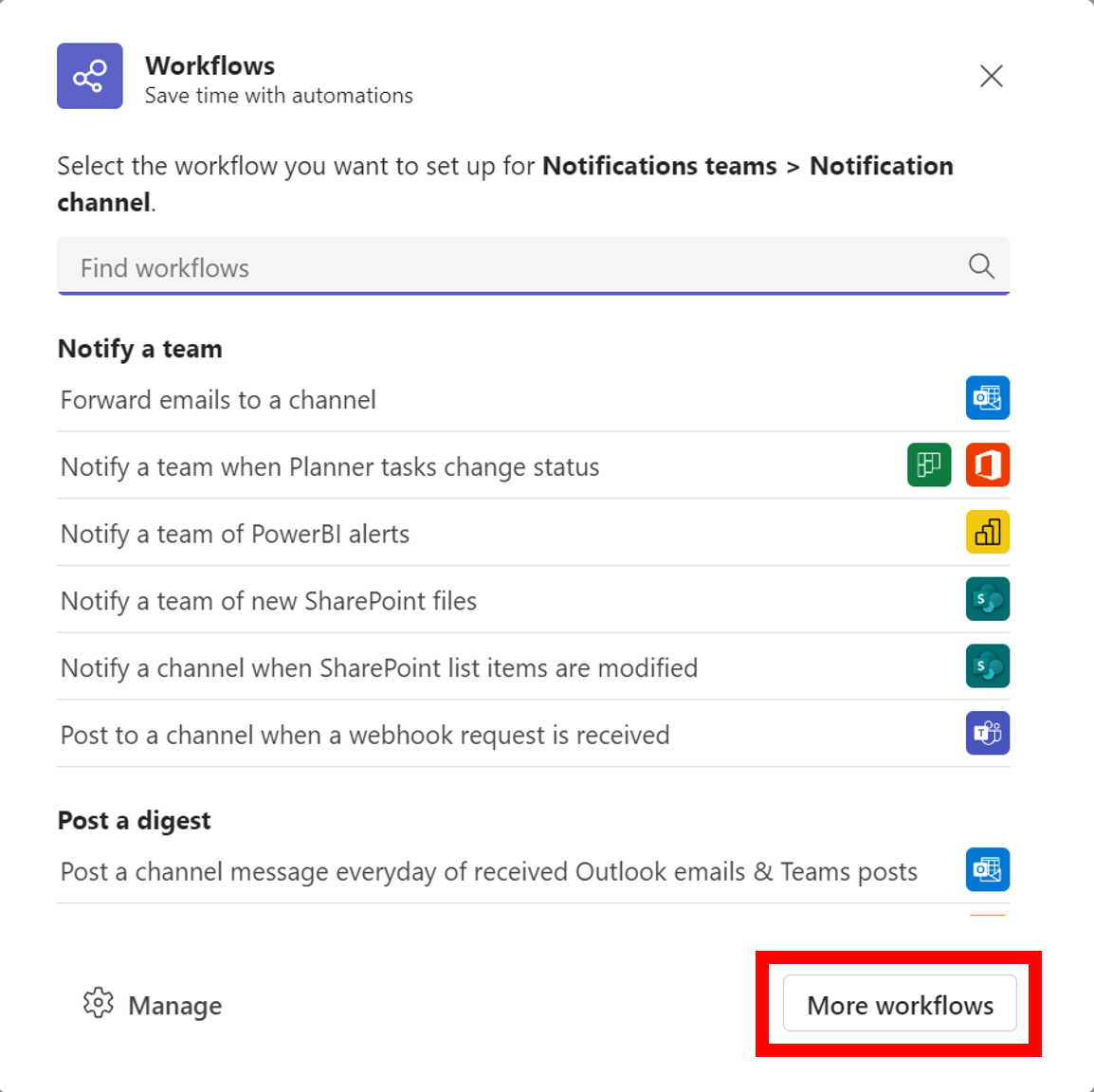 The workflows dialog with the More workflows button