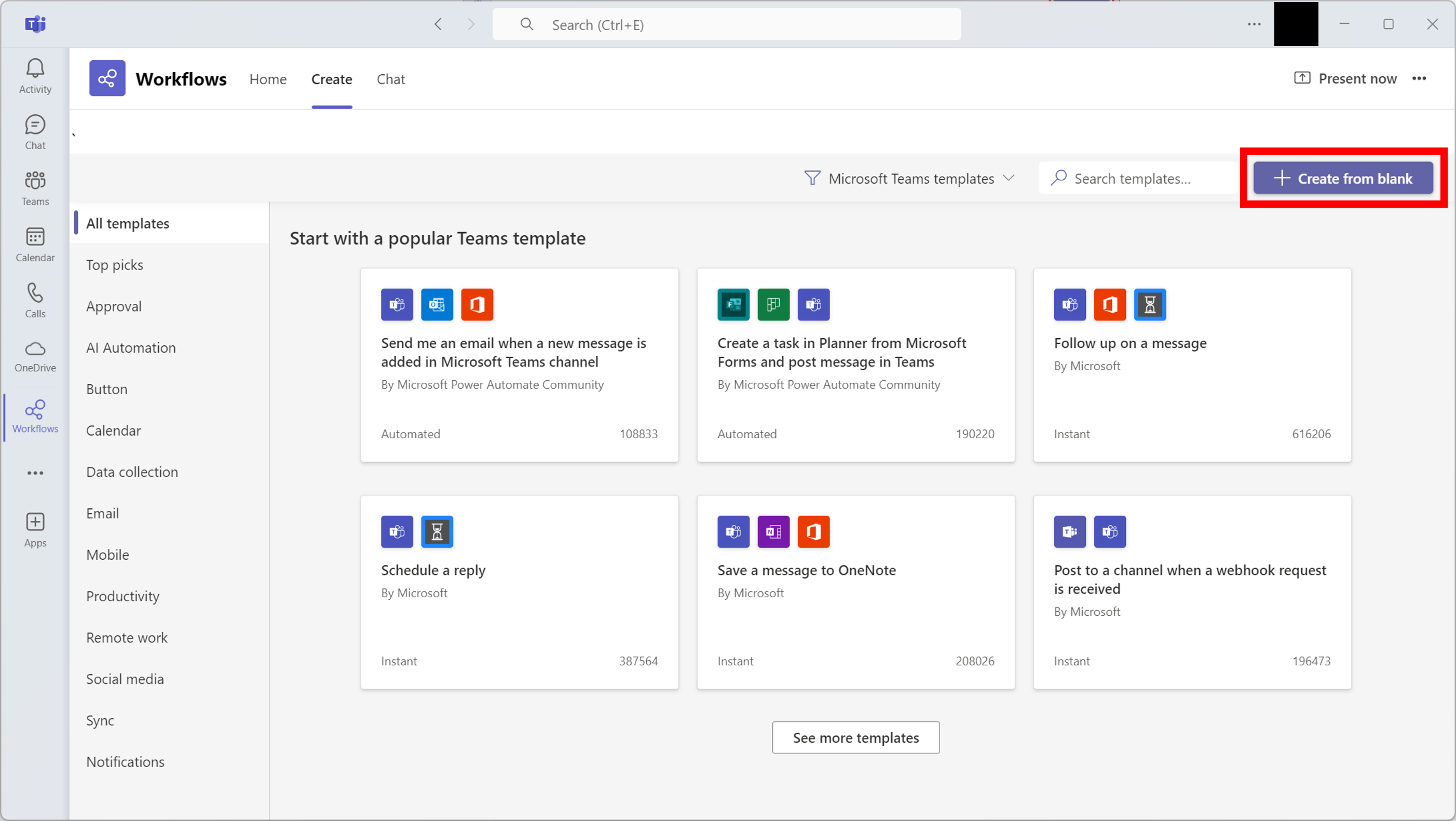 The workflow creation screen with the Create from blank button