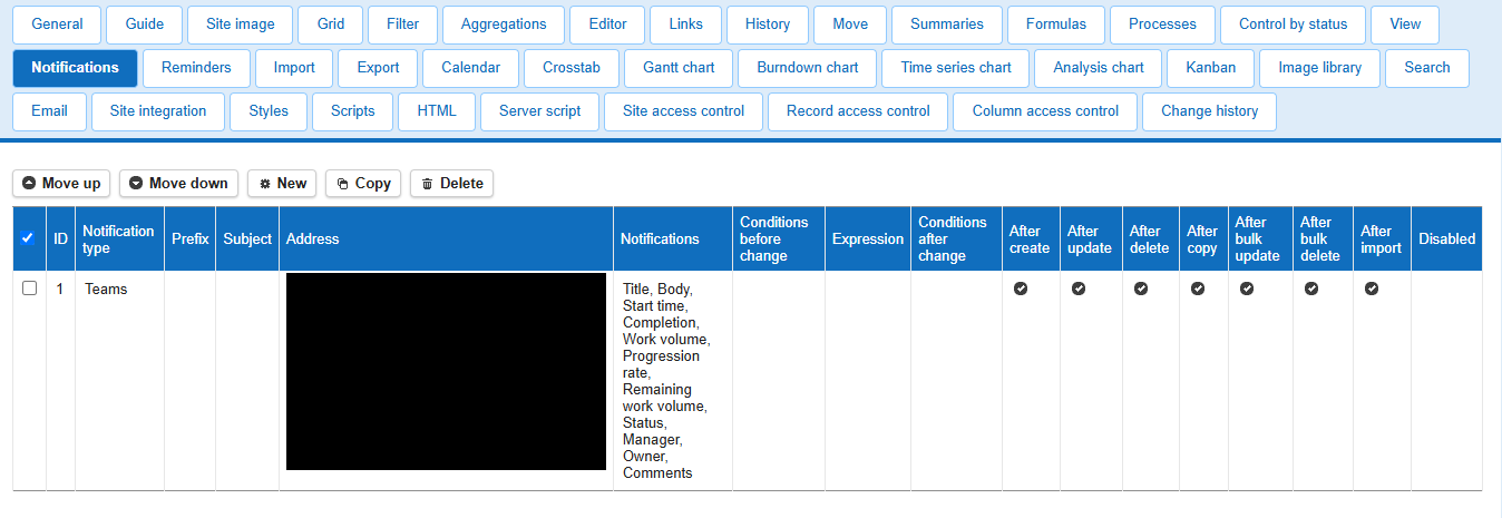 The Manage Table screen where the Update button saves the settings
