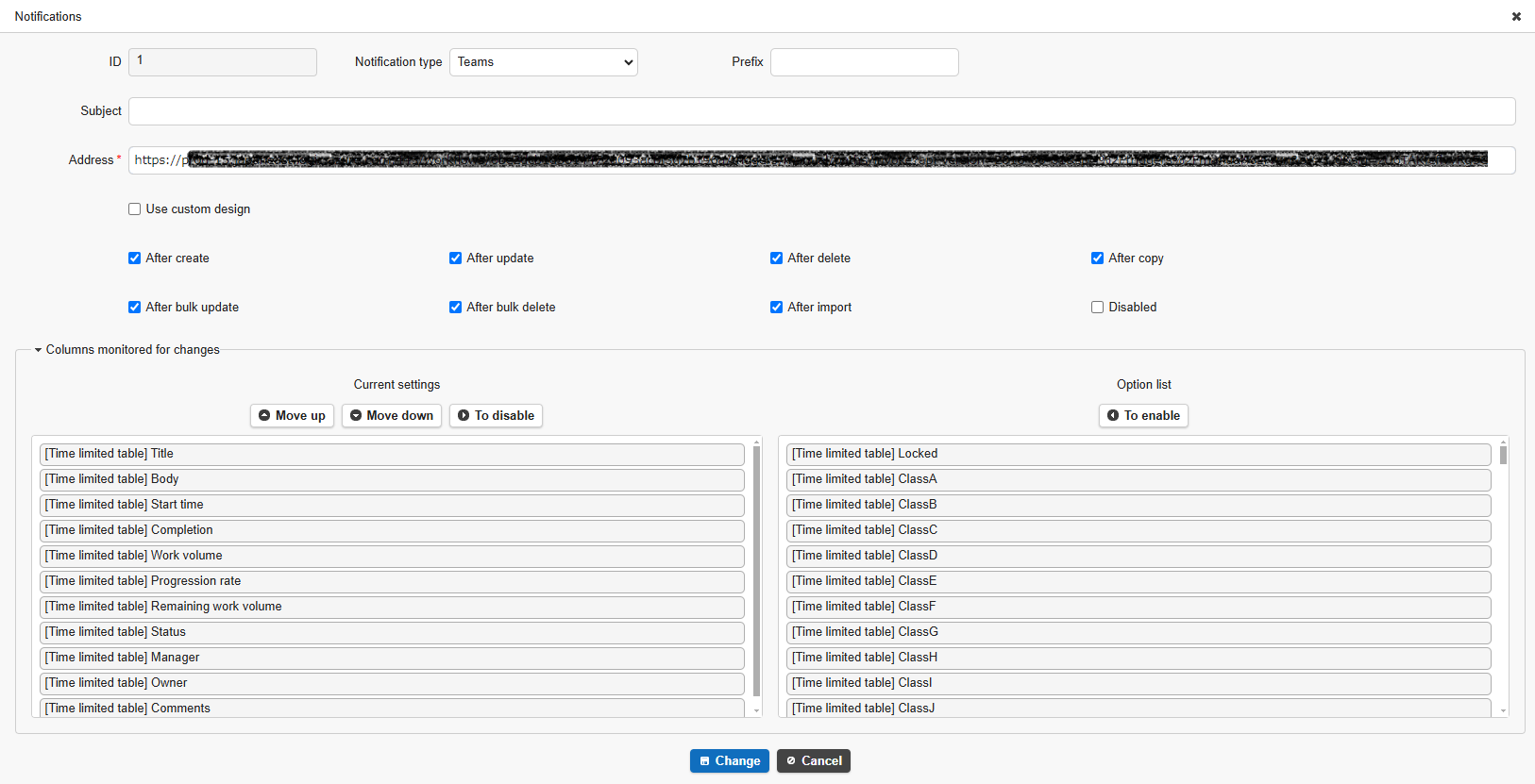 The notification settings with Teams selected and the URL pasted in the address