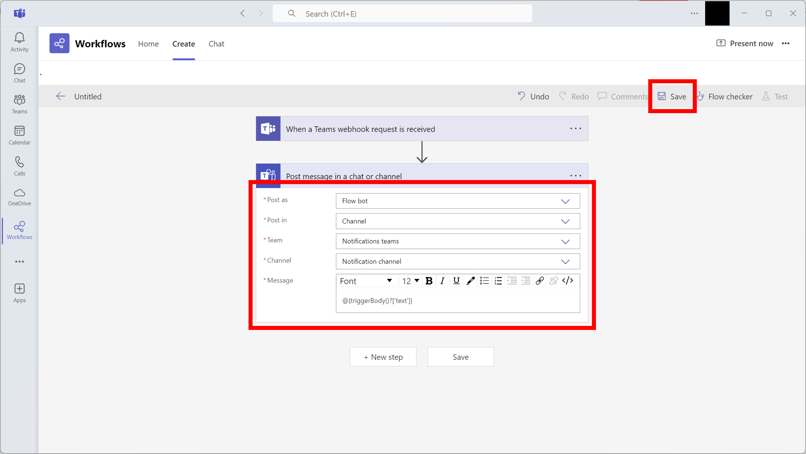 The post message action settings for the poster, team, channel and message