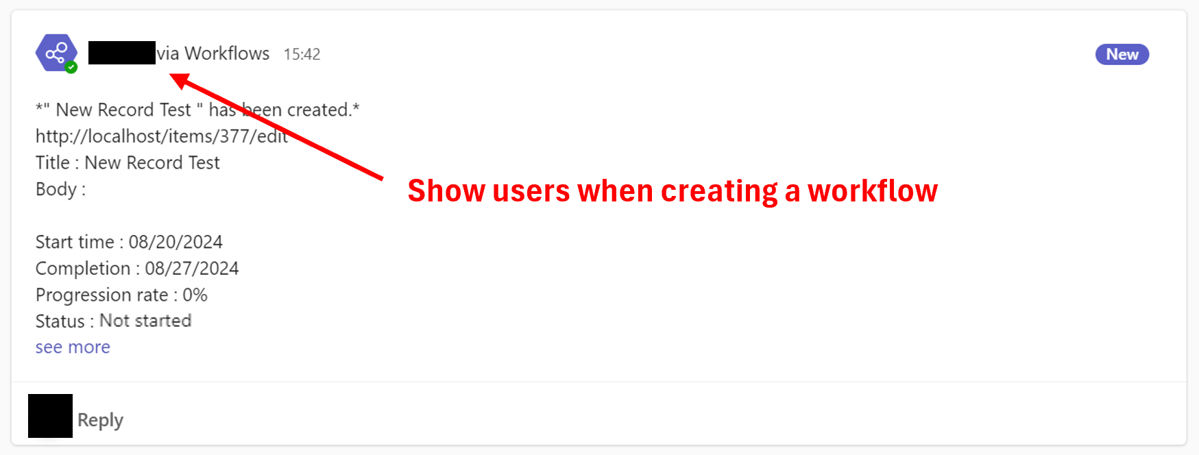 A Teams notification whose sender is shown as a name via Workflows
