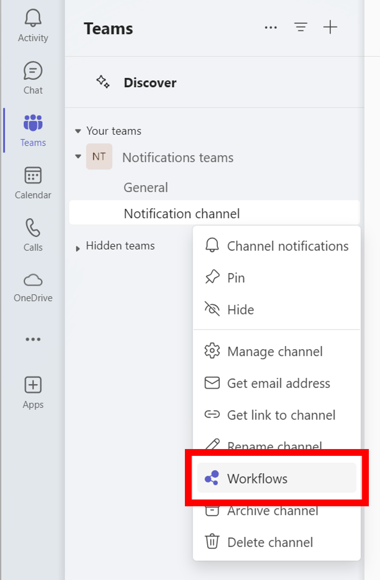 The Teams channel '...' menu with the Workflows item