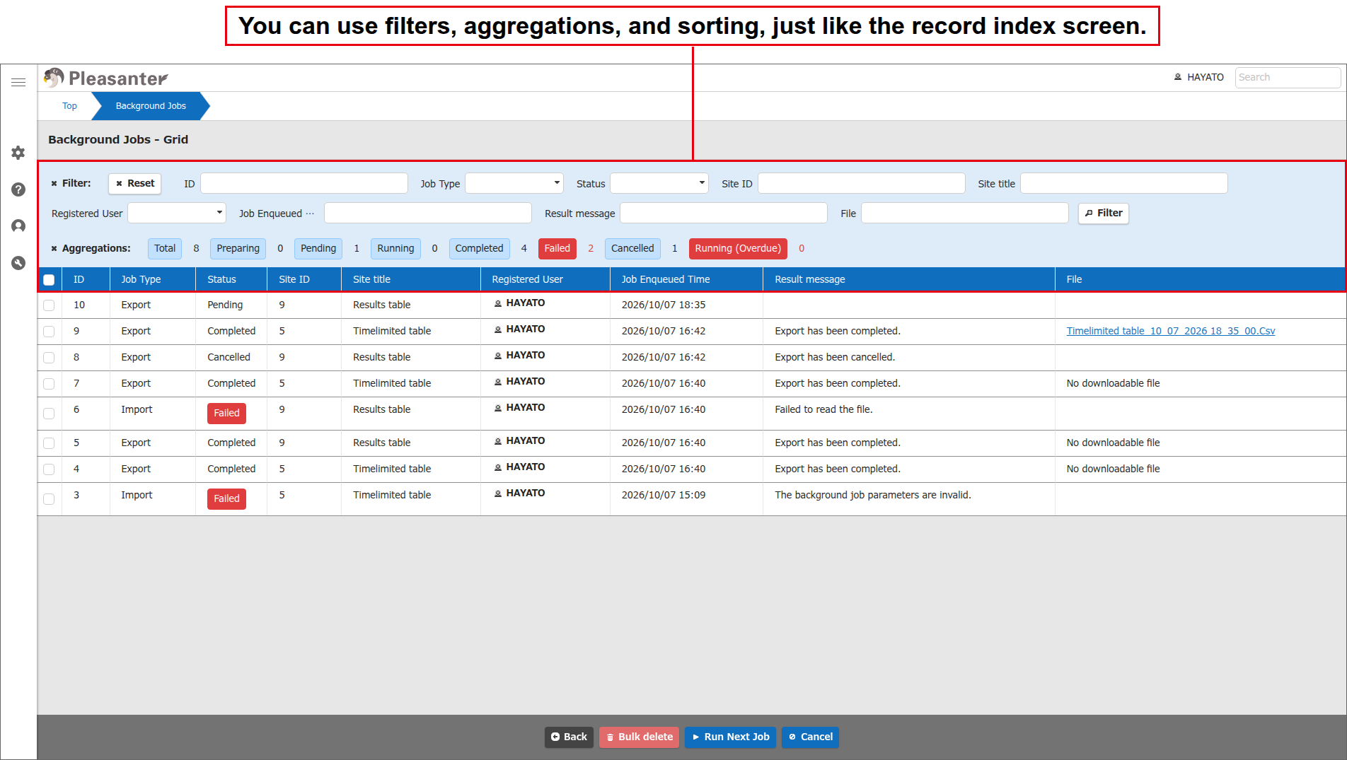 Job management screen listing the jobs registered in the queue