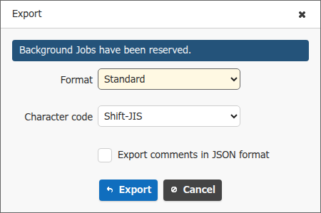 Export dialog with a message at the top showing that background jobs are reserved
