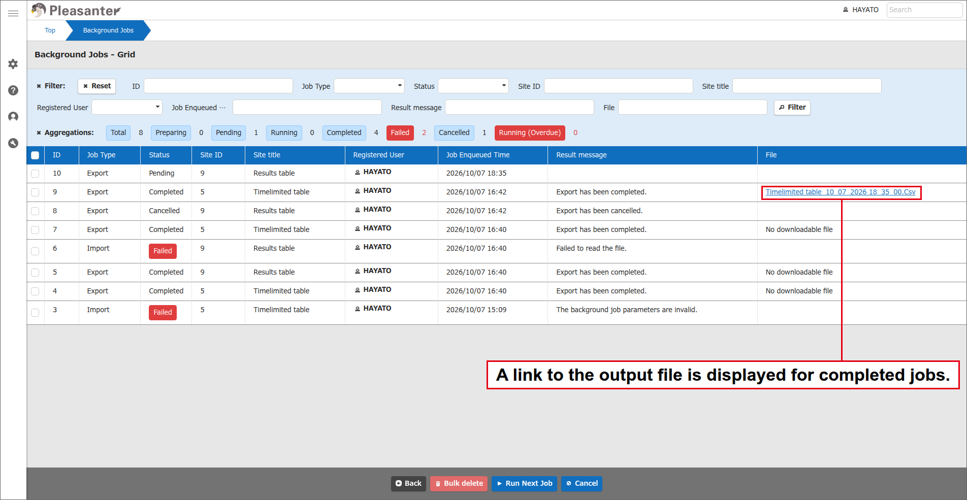 File column of the job management screen showing a link to the output file