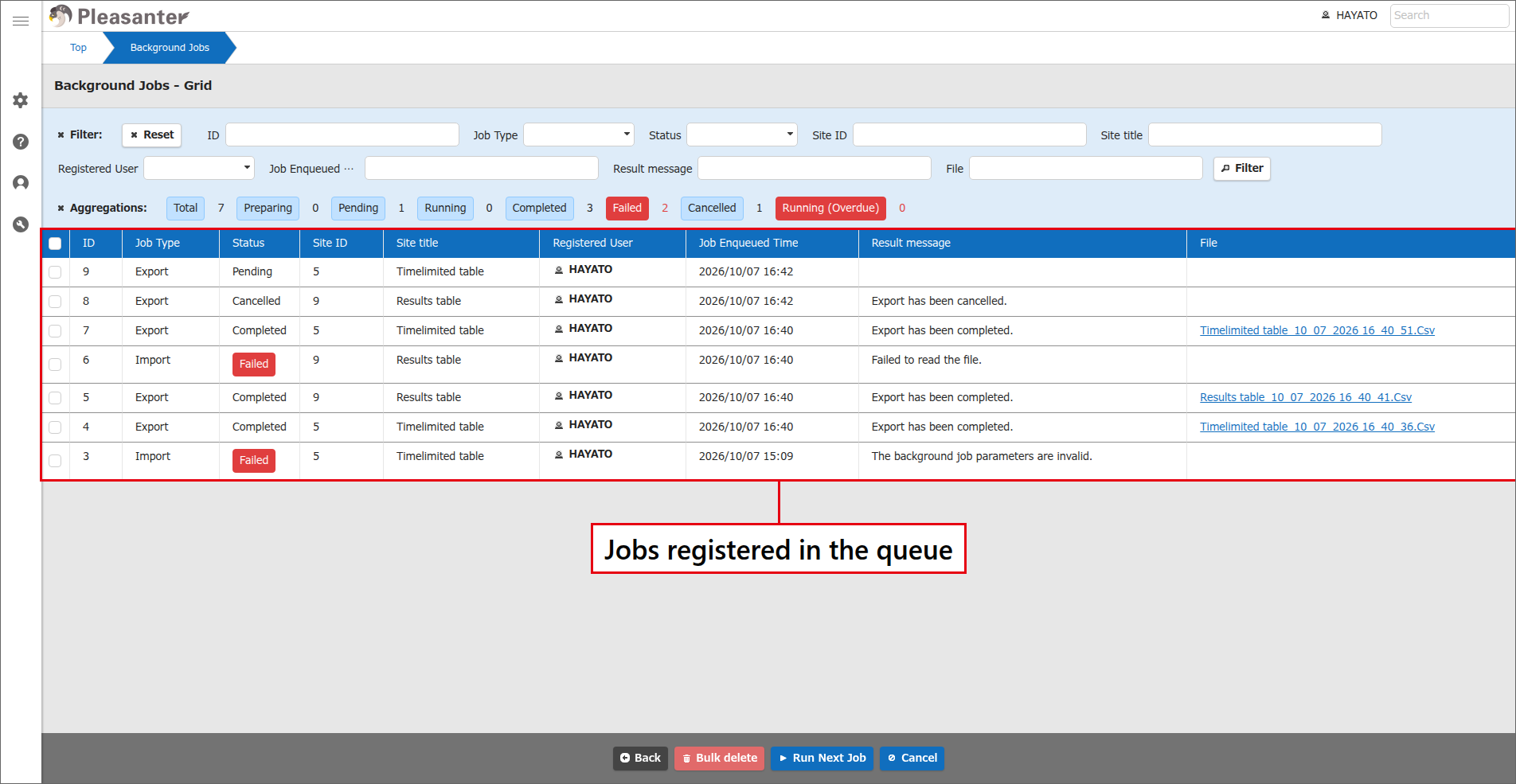 Job management screen listing the jobs registered in the queue