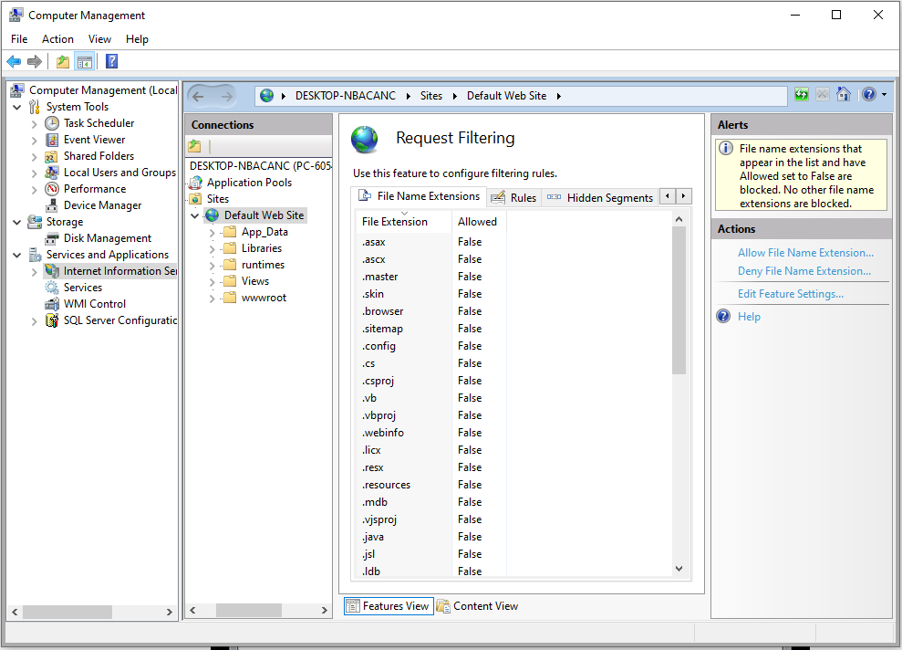 The Request Filters page with Editing Feature Settings in the right pane