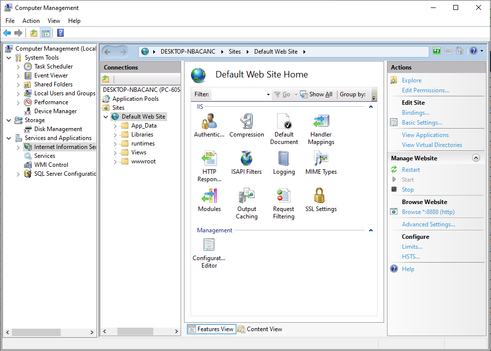 Computer Management with the pleasanter site selected under Default Web Site