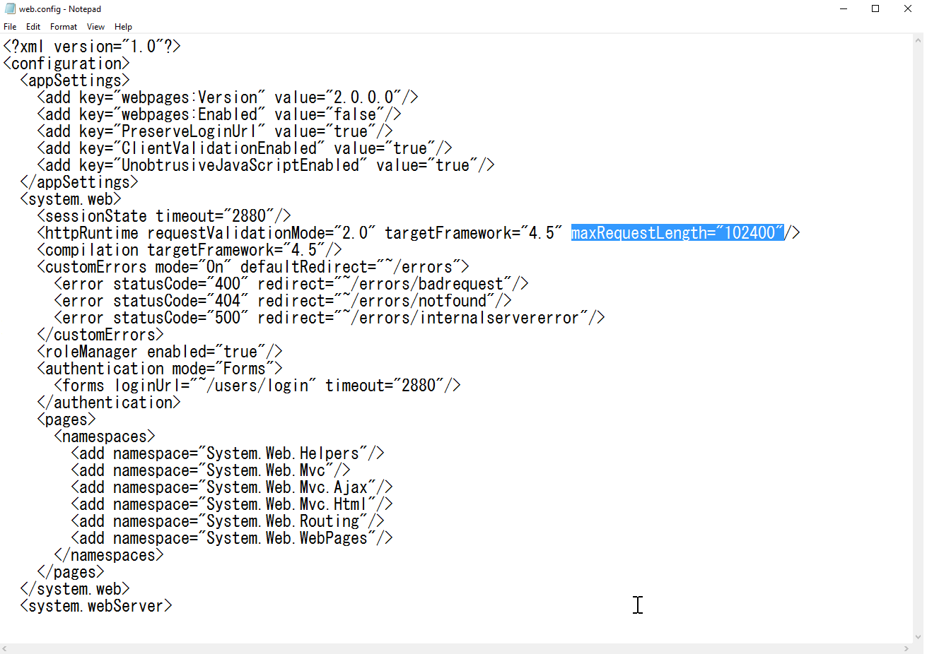 The Web.config file with a maximum size entered for maxRequestLength