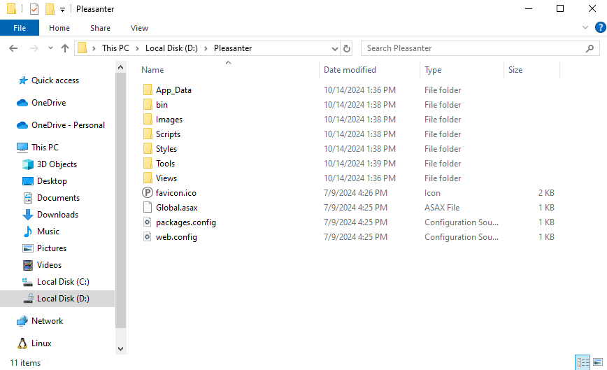 The Pleasanter installation folder opened to reach the Web.config file