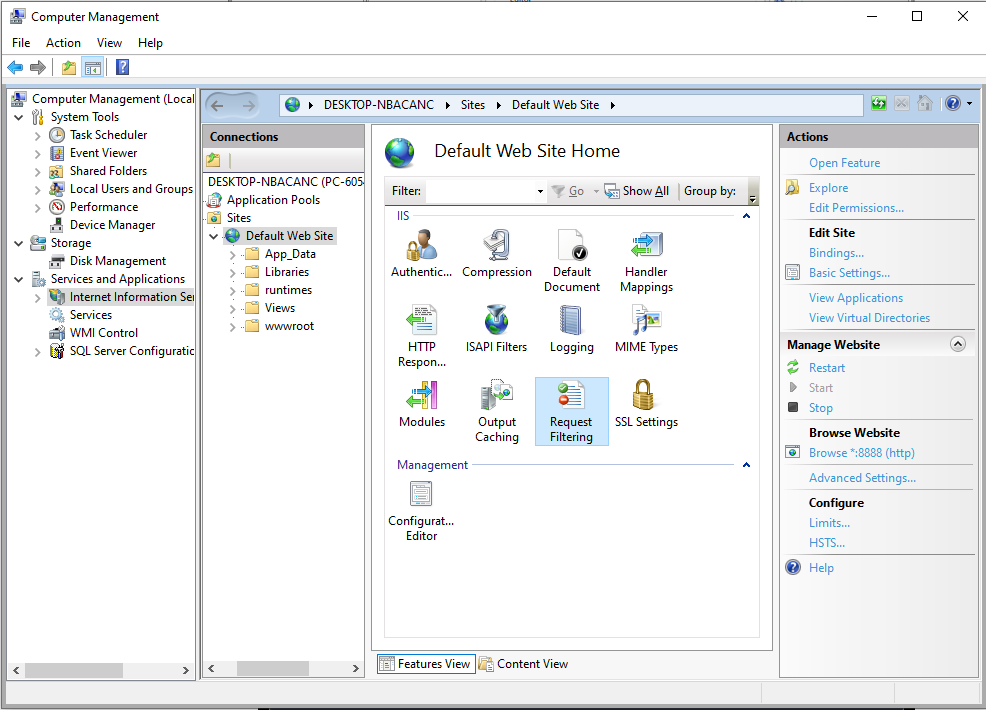 The IIS feature list where Request Filters is selected