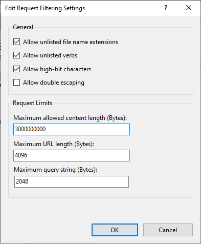 The settings dialog where the maximum allowed content length in bytes is entered