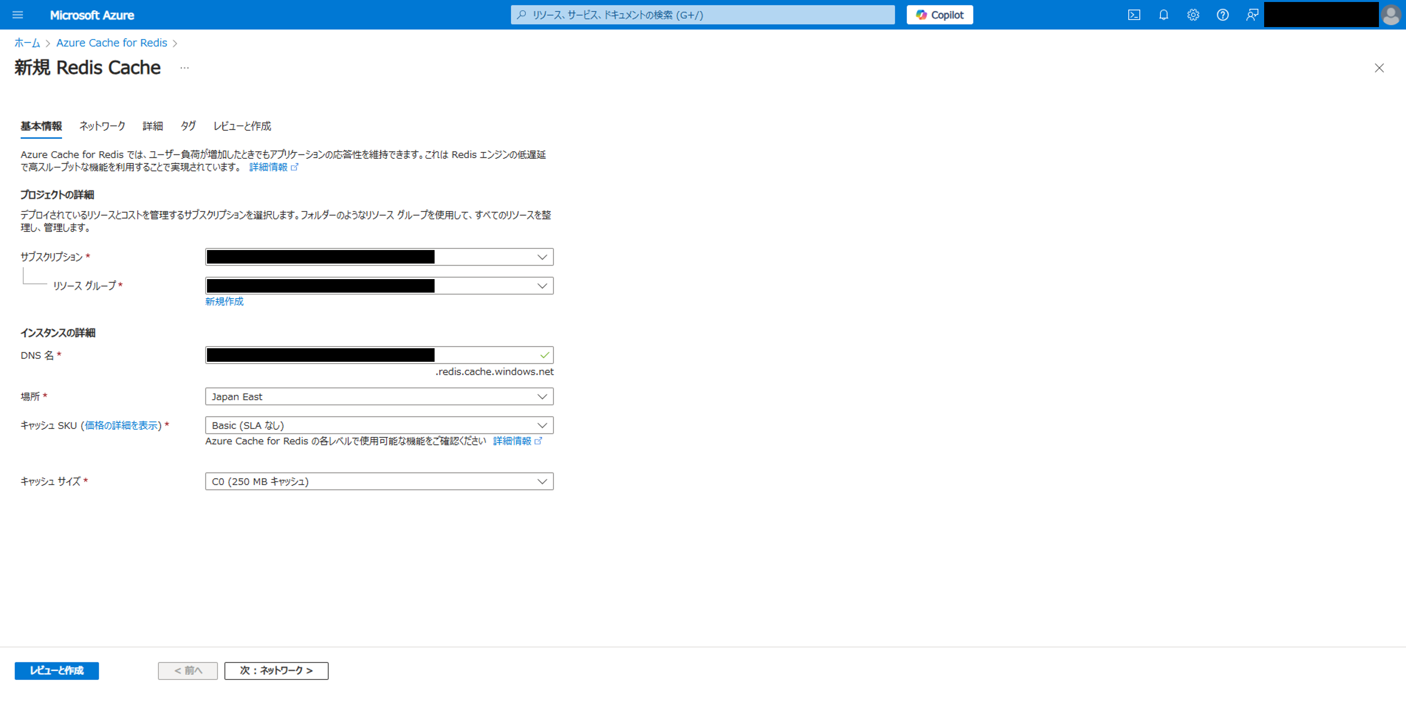 The Azure Cache for Redis creation screen for the subscription, DNS name and size