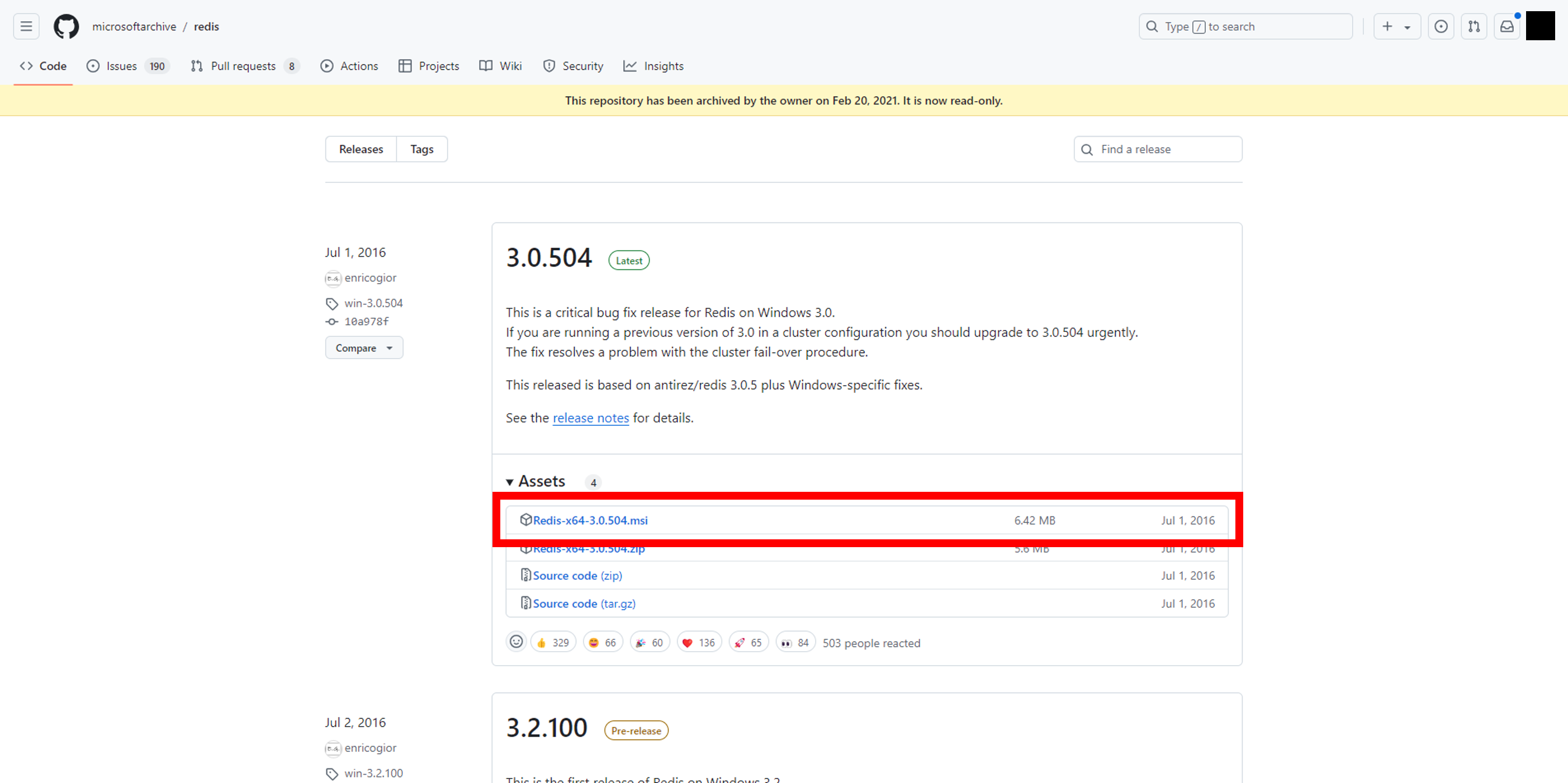 The Microsoft Redis release page on GitHub, where the .msi file is offered