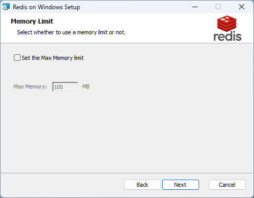 A settings screen of the Redis installer, with the "Next" button