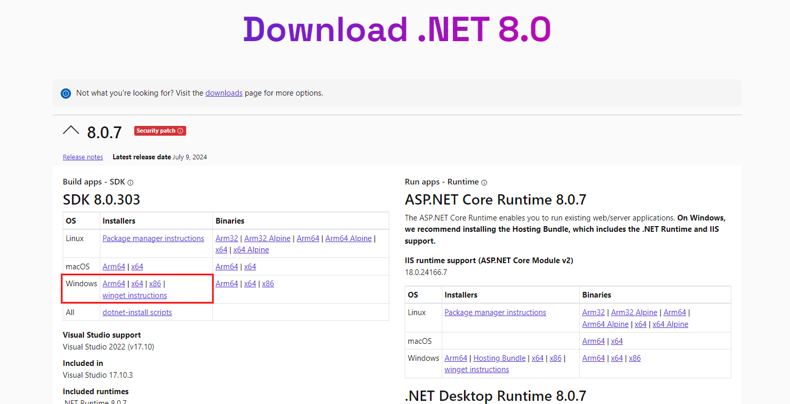 The .NET 8.0 download page, with the download link for "SDK 8.0.x"