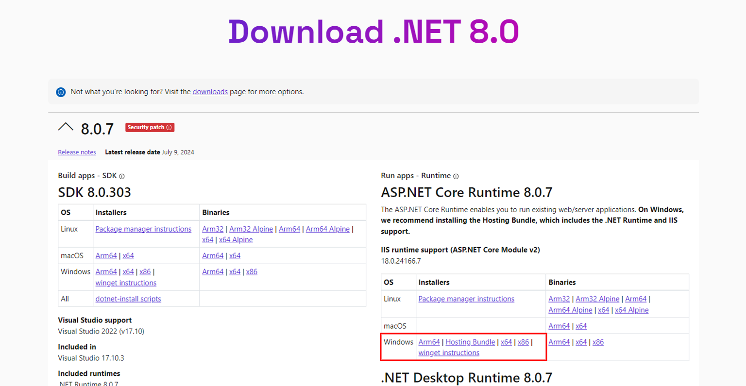 The .NET 8.0 download page, with the download link for the "Hosting Bundle"