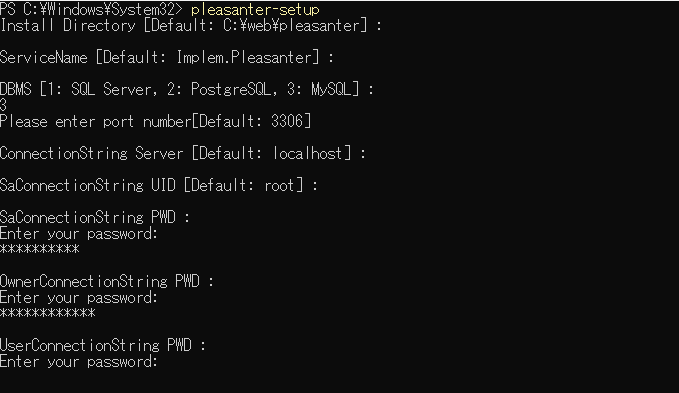 The installer prompt for the PWD of UserConnectionString in the MySQL procedure, shown masked