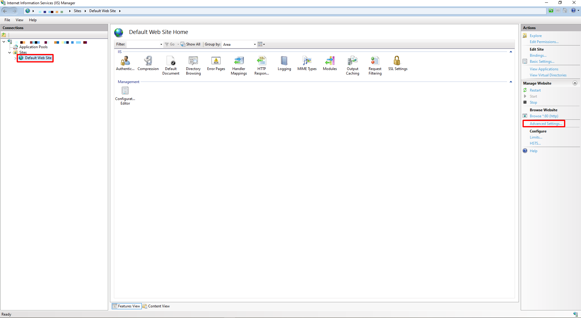 IIS Manager with "Default Web Site" selected and "Advanced Settings" in the right pane