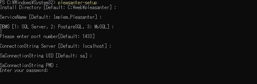 The installer prompt for the PWD of SaConnectionString in the SQL Server procedure, shown masked