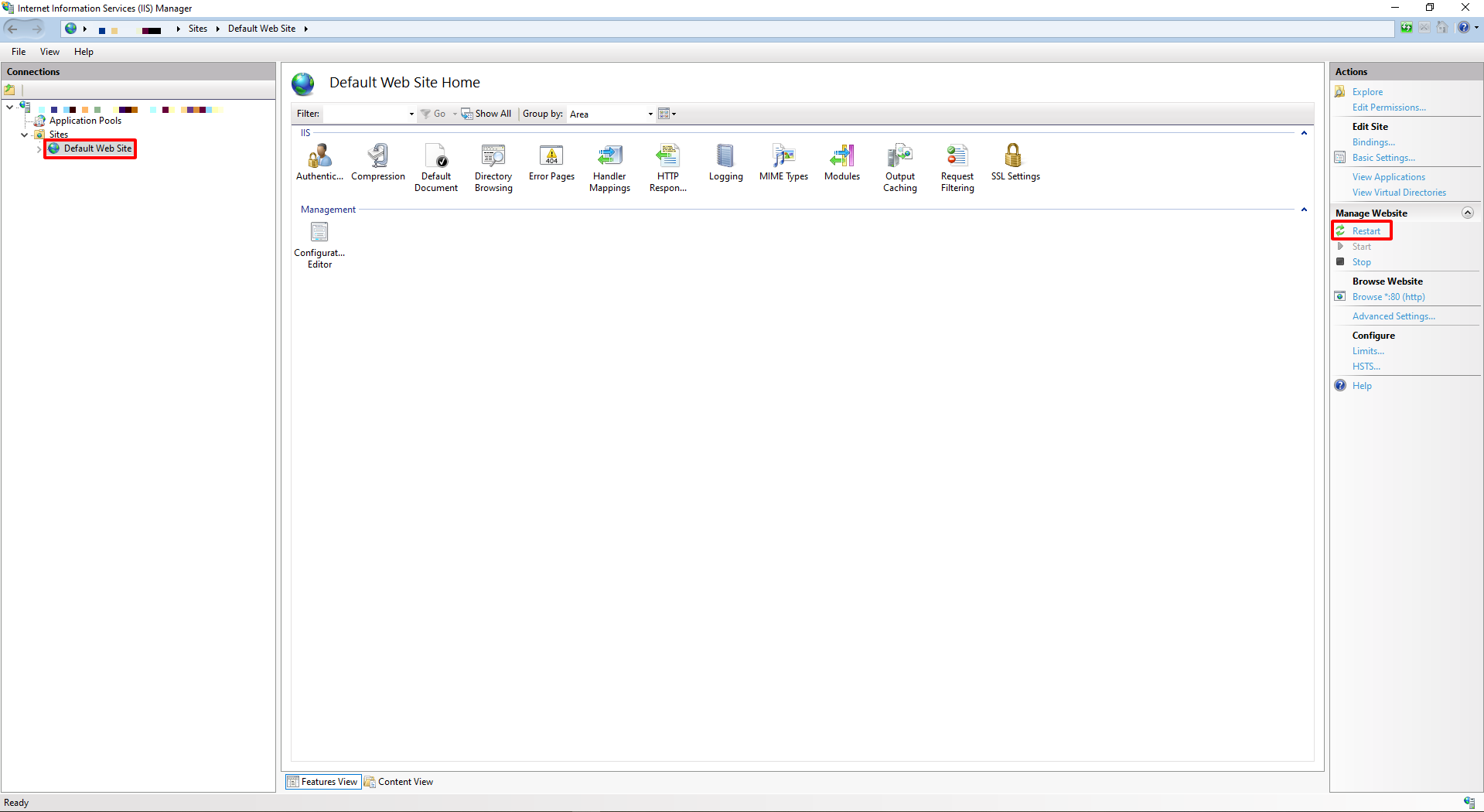 IIS Manager with "Default Web Site" selected and "Restart" in the right pane