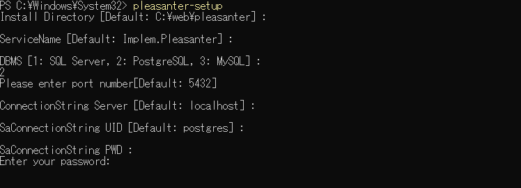 The installer prompt for the PWD of SaConnectionString in the PostgreSQL procedure, shown masked