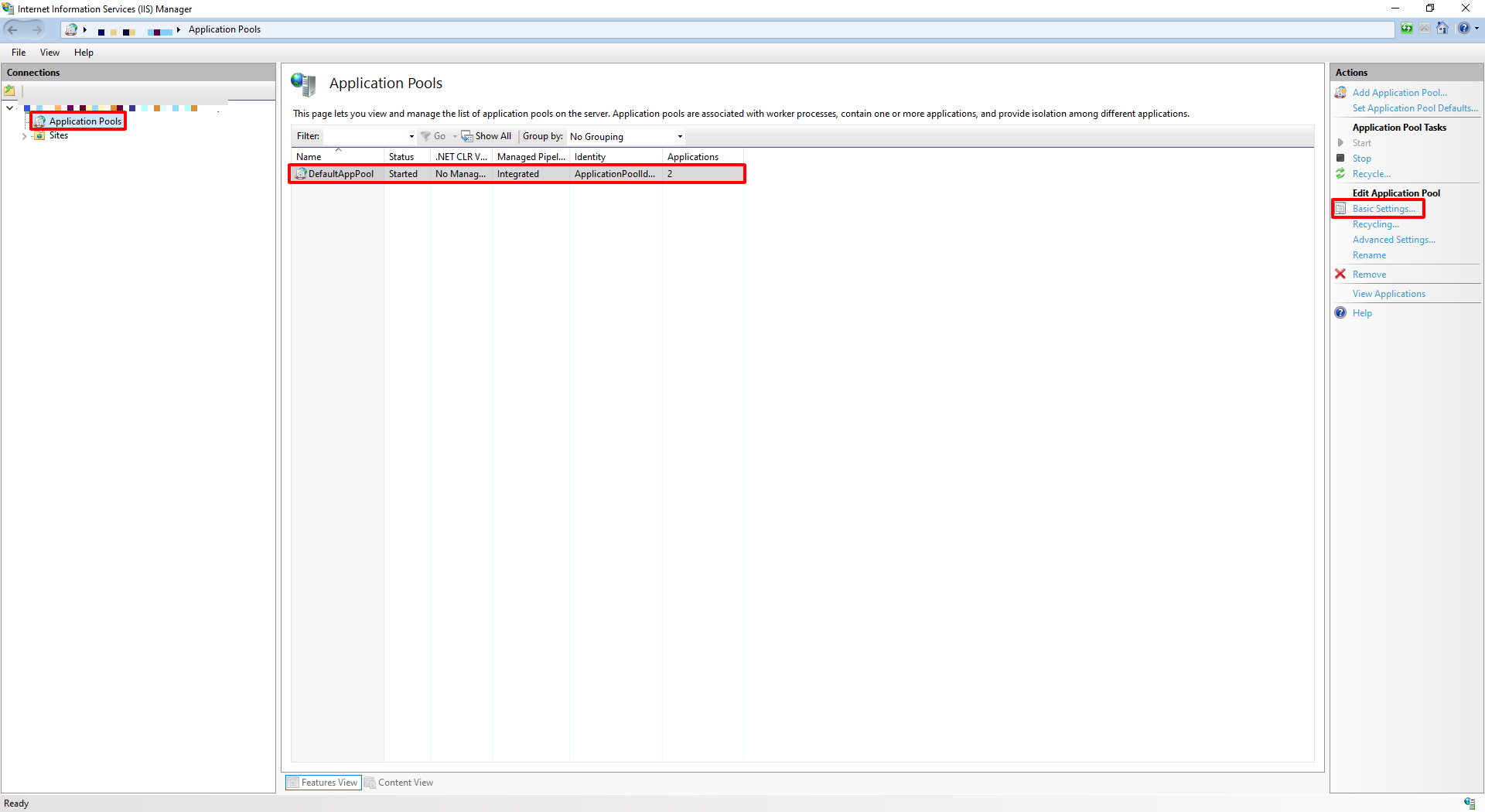 The IIS Manager Application Pools view, with "DefaultAppPool" and "Basic Settings"