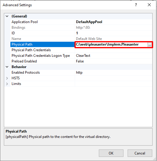 The Advanced Settings dialog, where the physical path of Pleasanter is entered