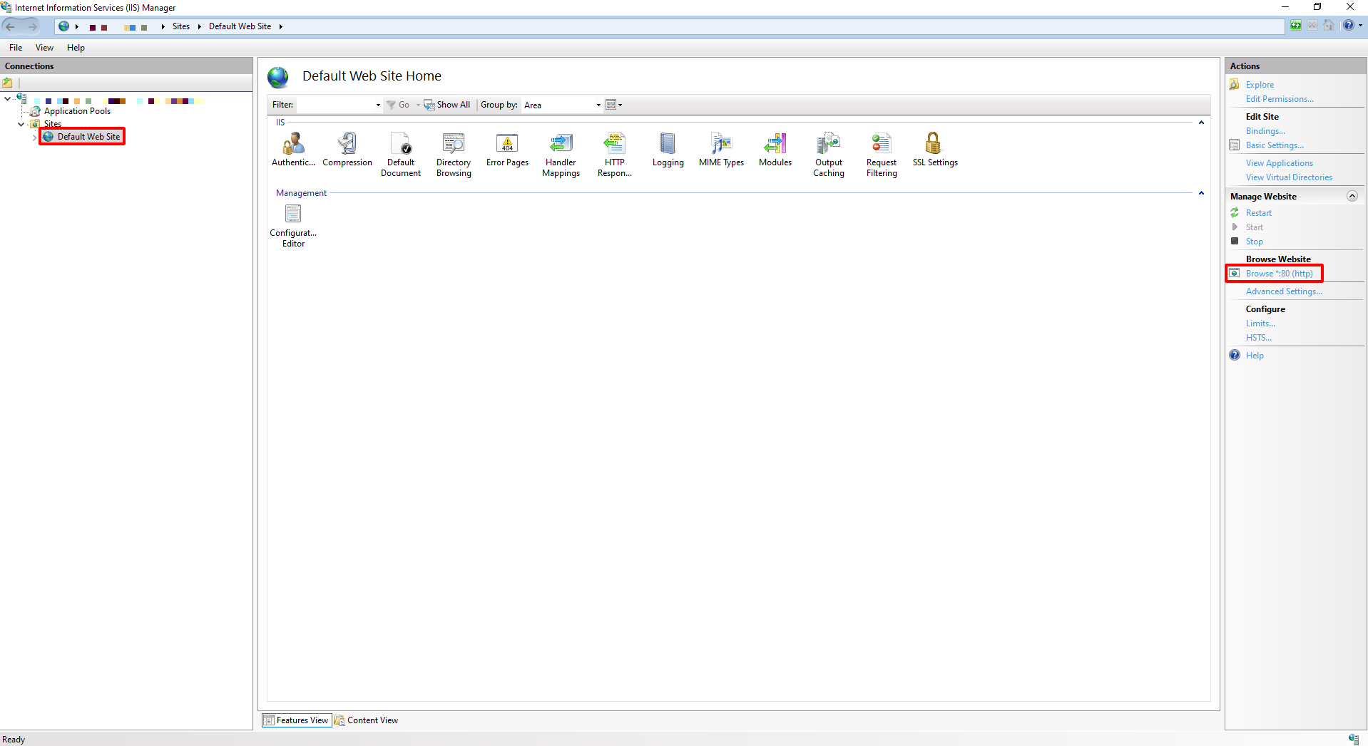 The right pane of IIS Manager, with "Browse *.80(http)"