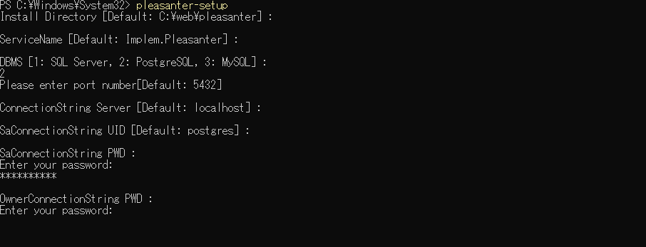The installer prompt for the PWD of OwnerConnectionString in the PostgreSQL procedure, shown masked