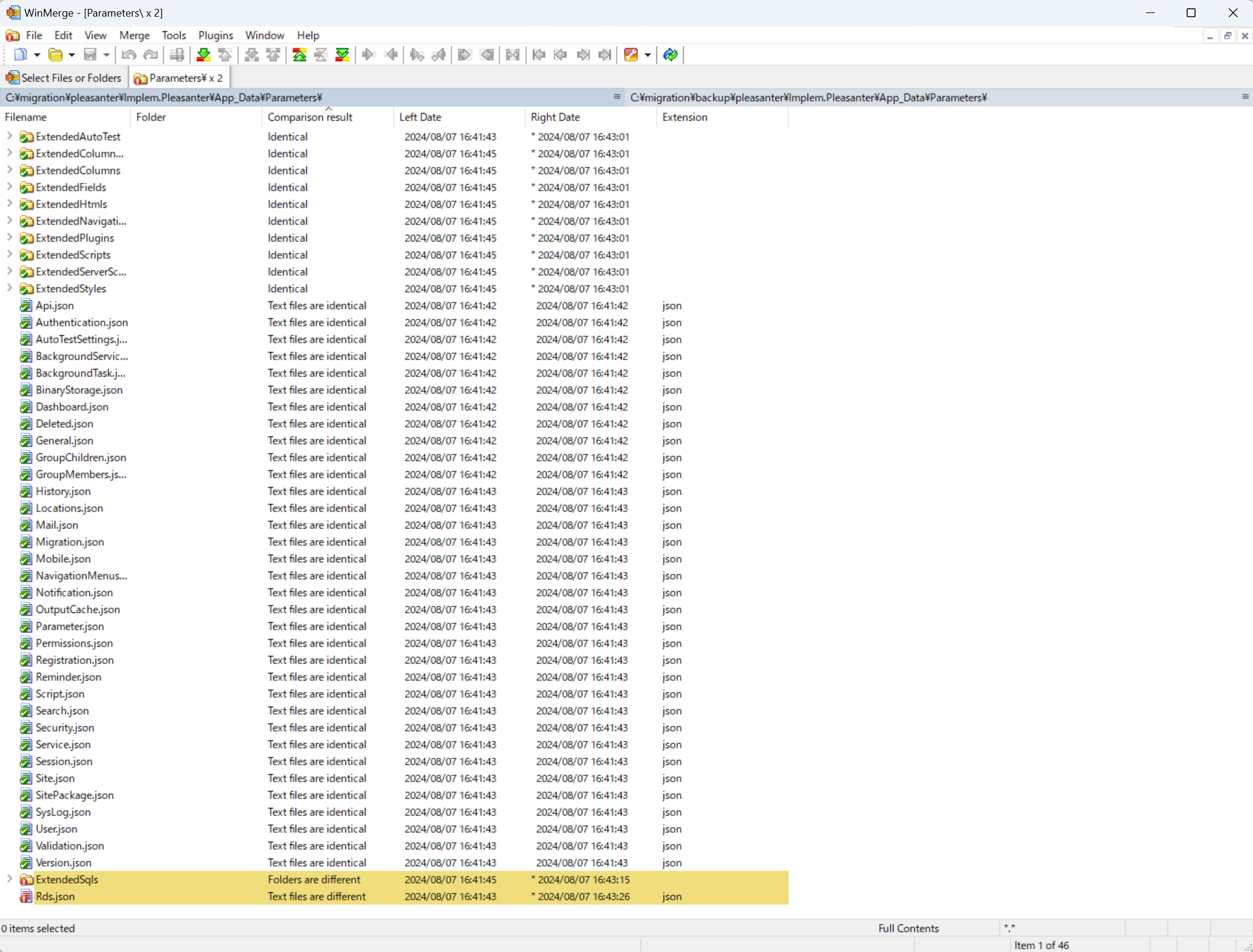 WinMerge comparing the contents of a parameter file so it can be edited