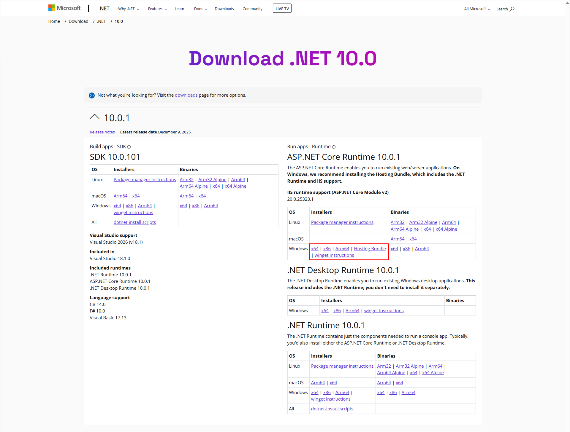 The download page for the .NET 10 Hosting Bundle