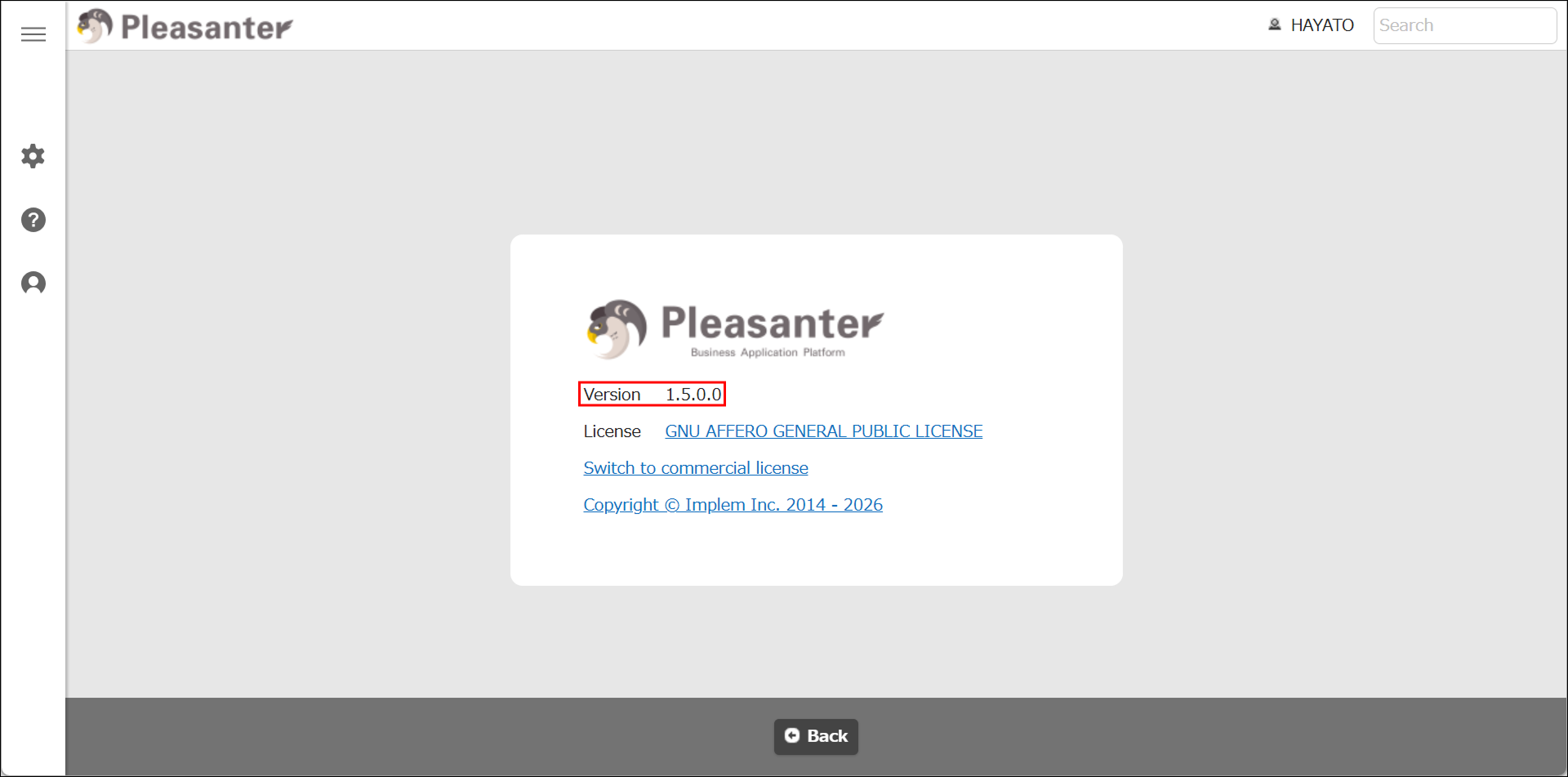 The Pleasanter version information shown from Help - Version