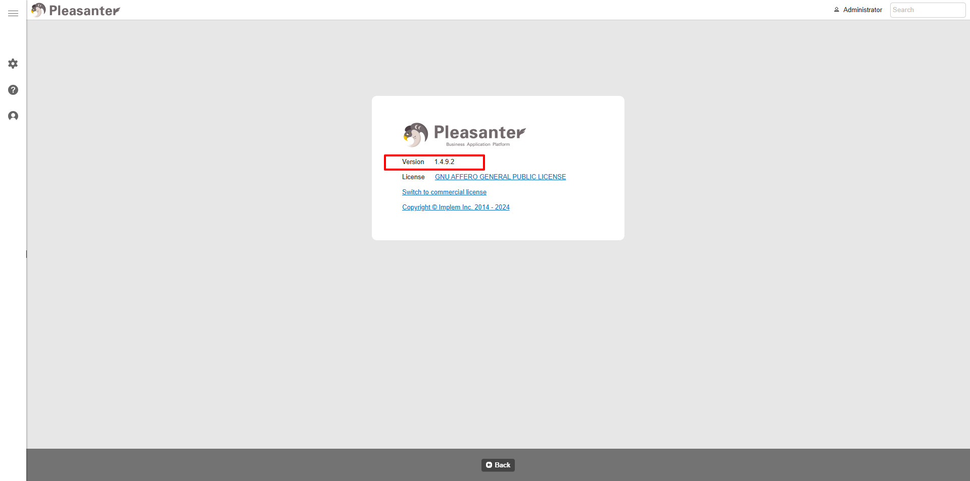 The Pleasanter version information shown from Help - Version