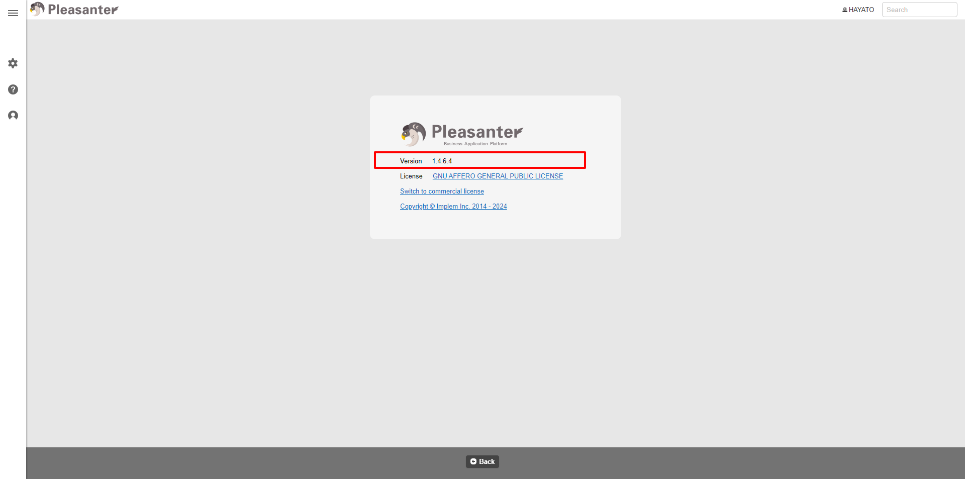 The Pleasanter version information shown from Help - Version