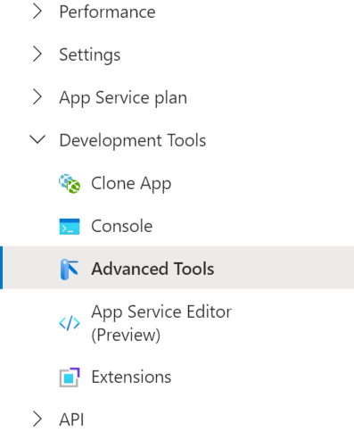The App Service left menu with Advanced Tools under Developer Tools