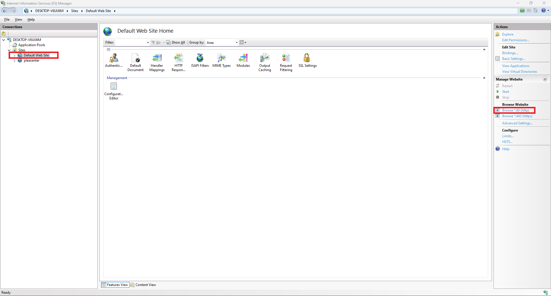 IIS Manager opening Pleasanter from *.80 (http) Reference on Default Web Site