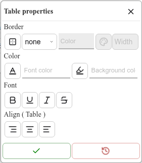 The Table properties window