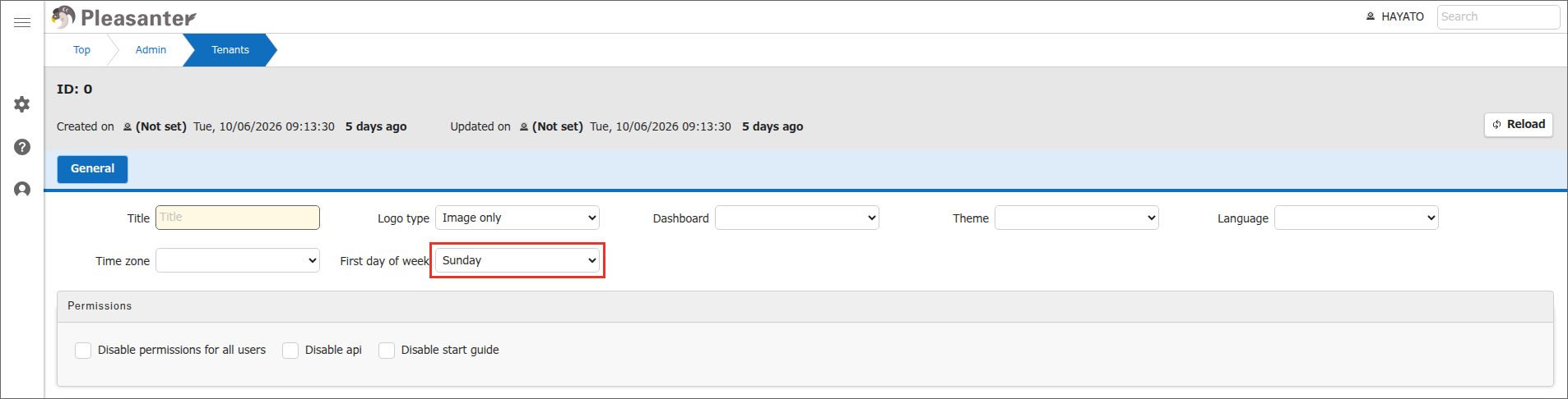 Tenant administration screen with "Sunday" selected in "First day of week"